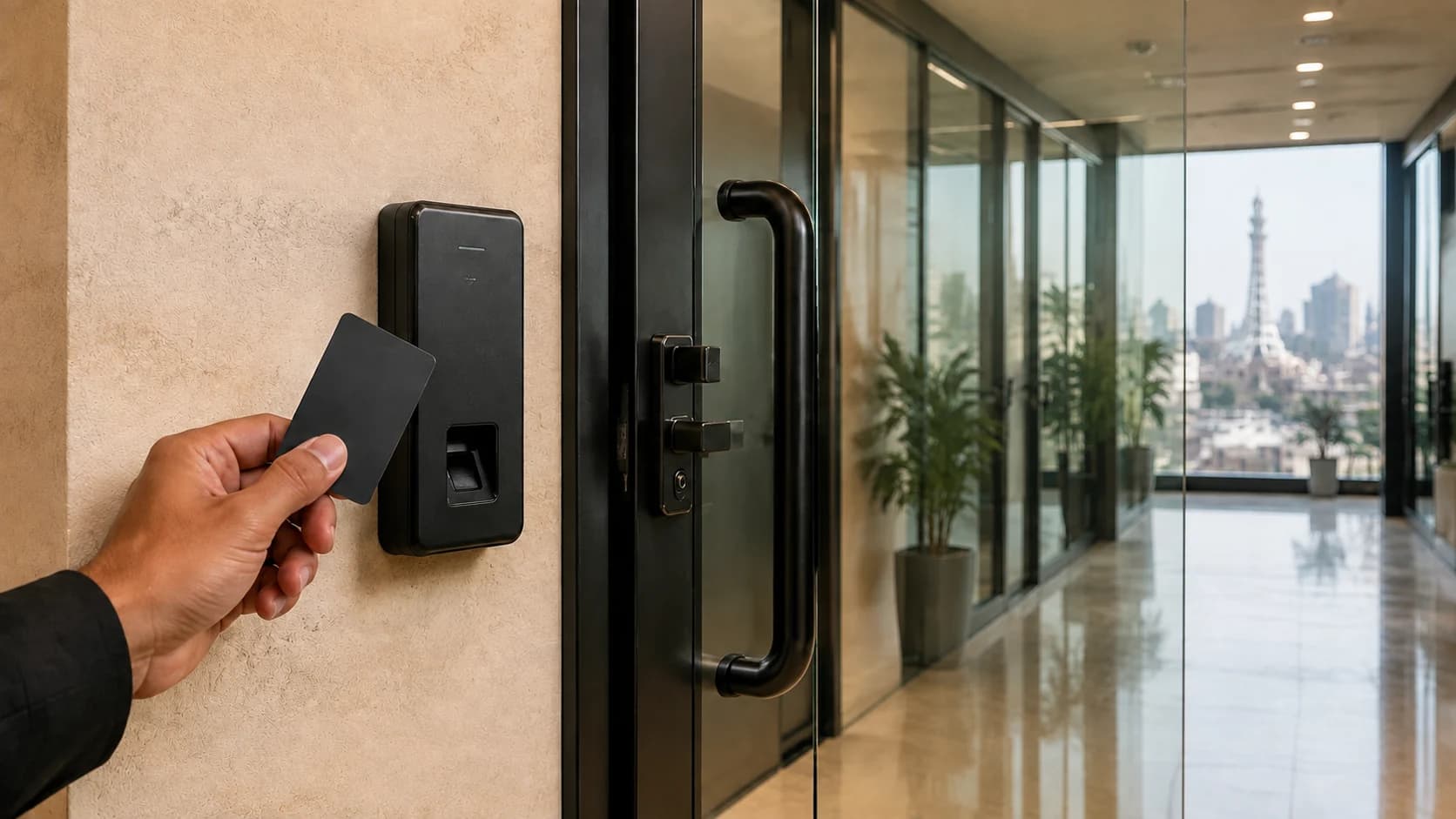 Illustration of an access card presented to a reader at an office entrance
