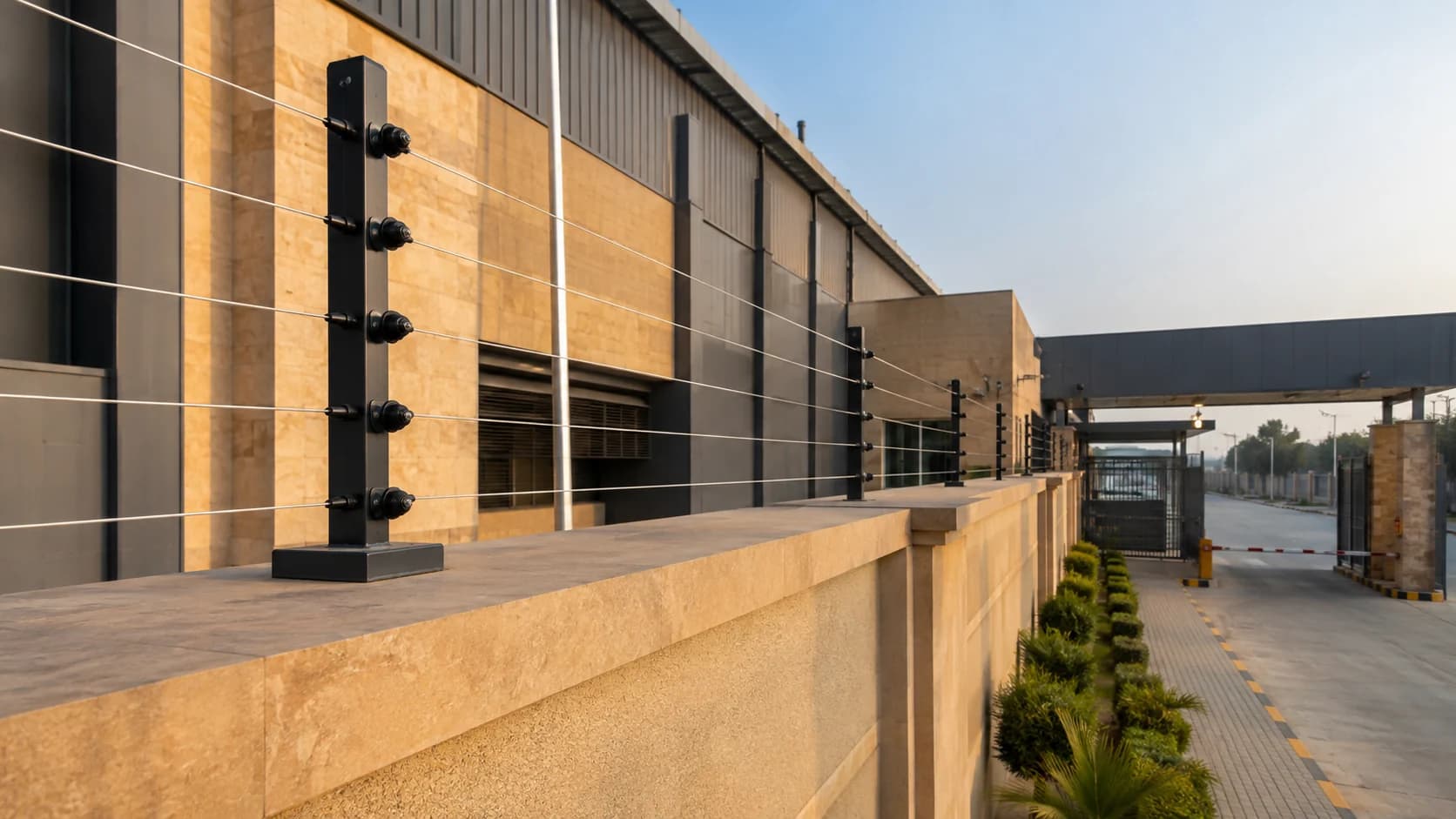 Illustration of electric security wires on insulated supports above a boundary wall