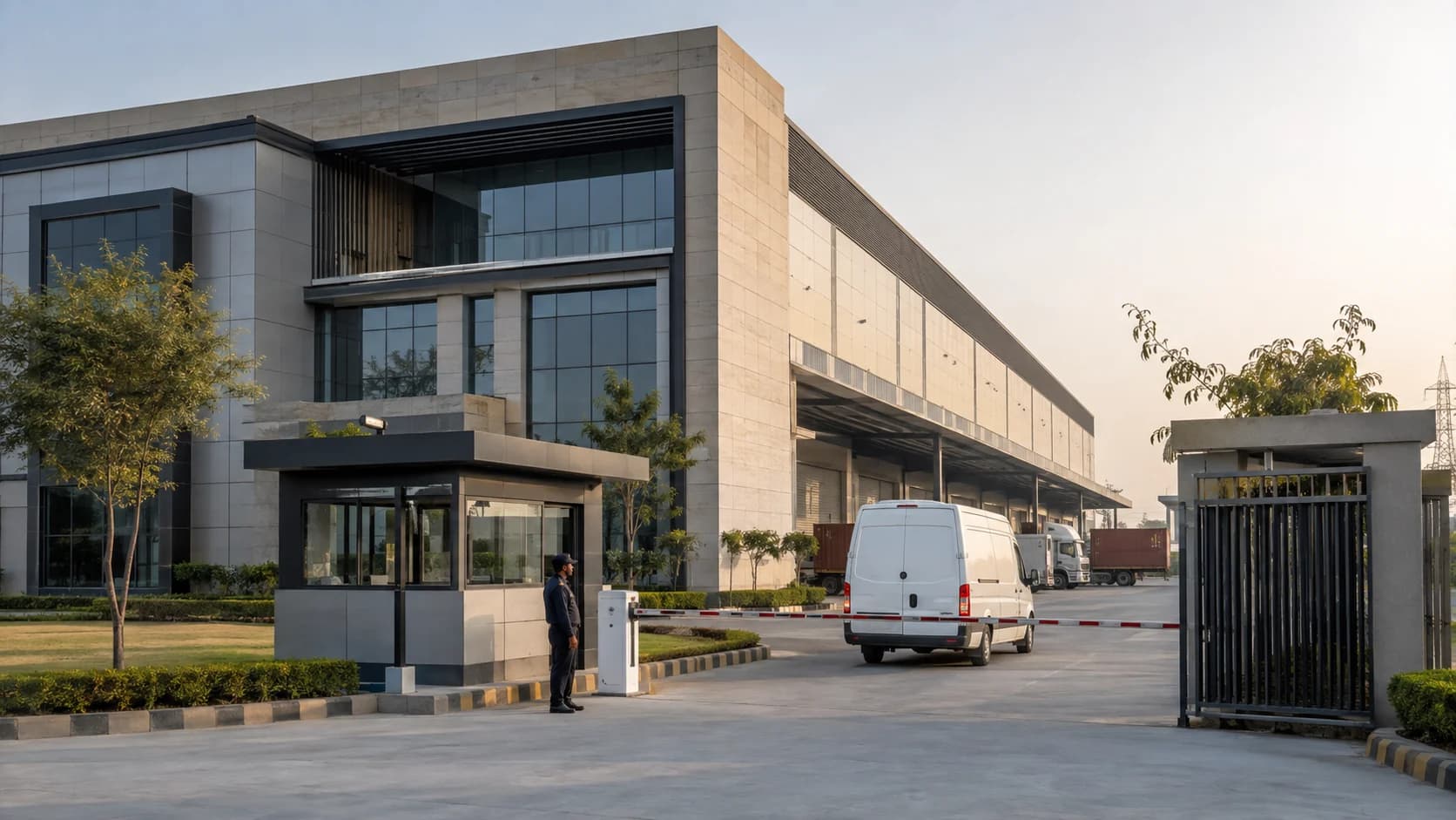 Illustration of controlled vehicle entry at a corporate and warehouse facility