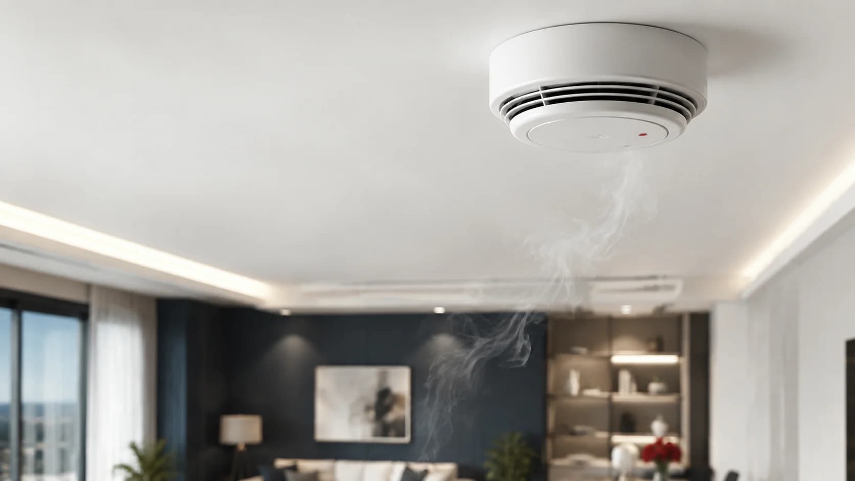 Illustration of a ceiling smoke detector in a residential living room