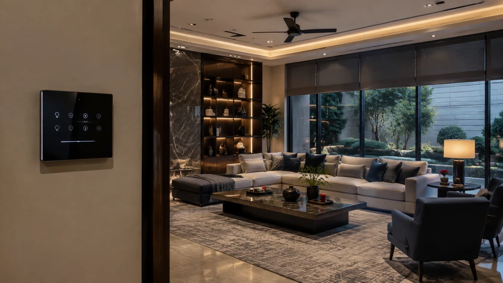 Illustration of a smart home wall control beside a furnished living room