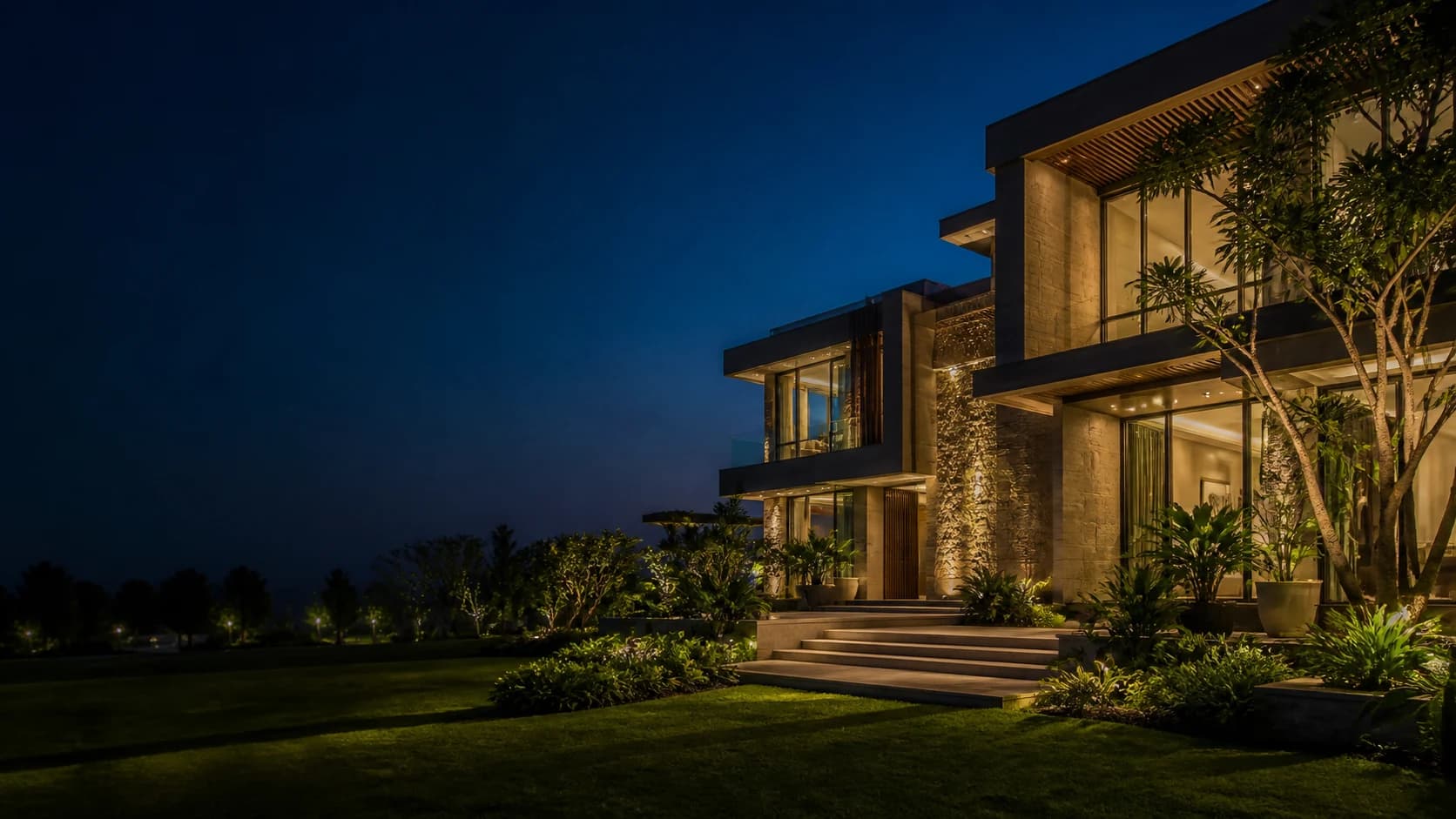 Illustration of a contemporary home entrance at dusk