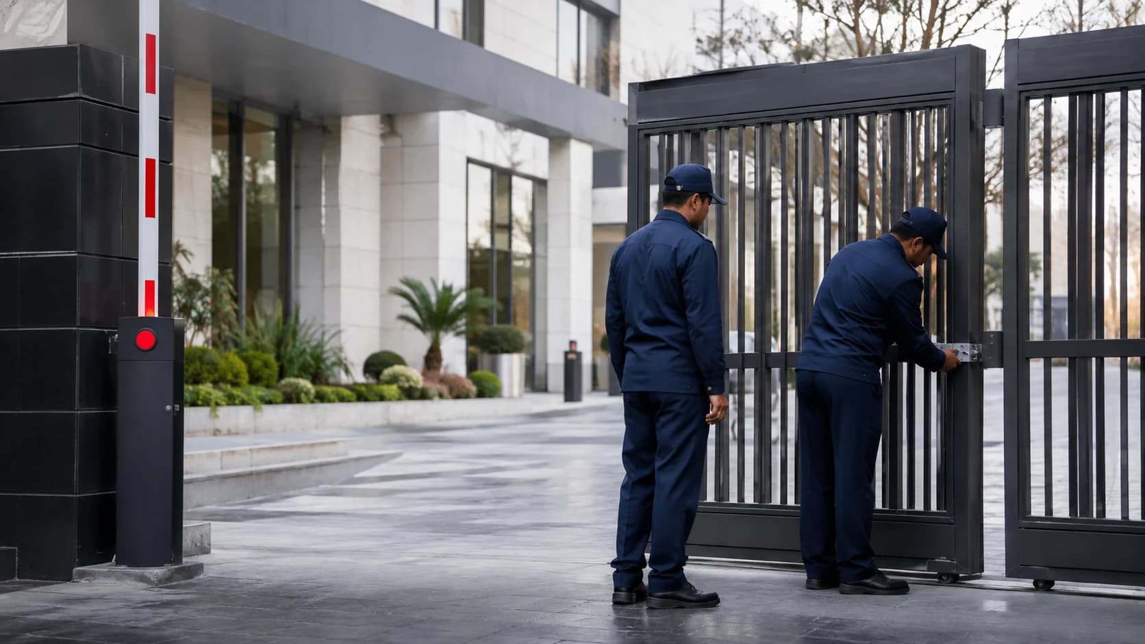 Illustration of private security guards supervising a premises entrance