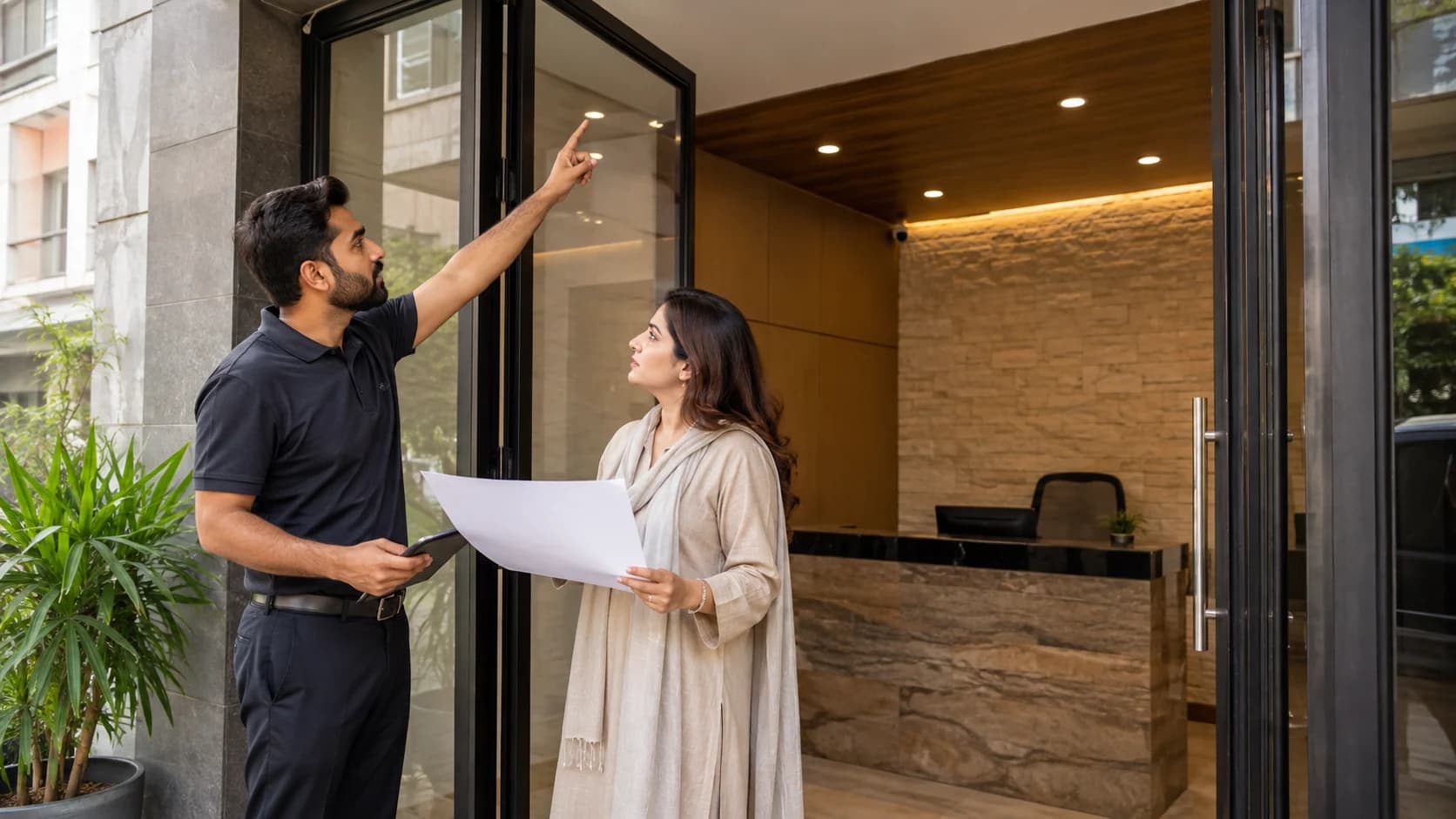 Illustration of a security technician reviewing an entrance with a client representative