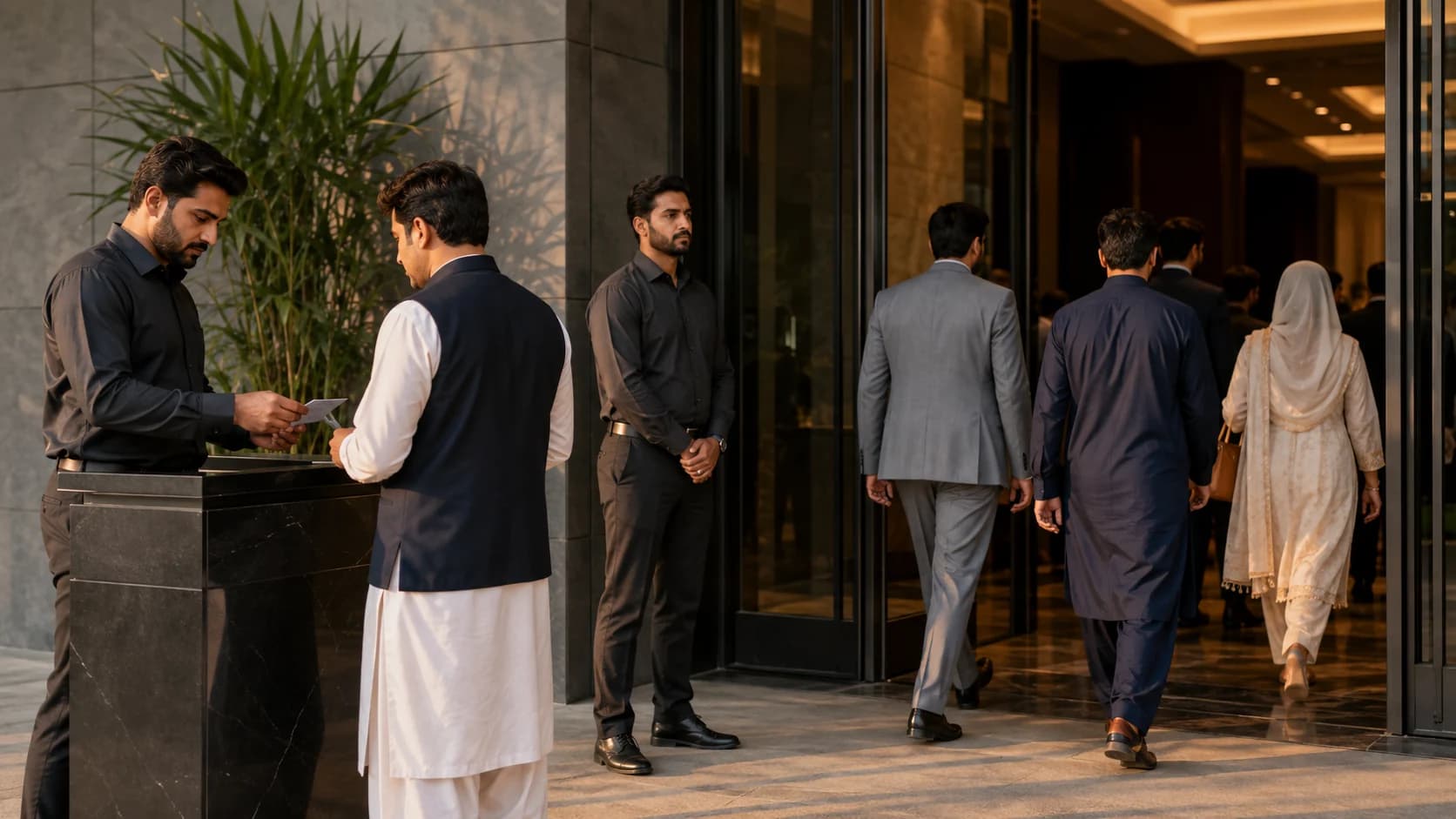 Illustration of Pakistani private security staff checking arrivals at a conference entrance